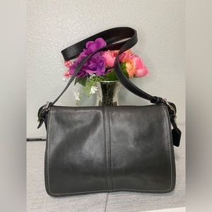 Coach Black Leather Fold over Flap Shoulder Bag Purse